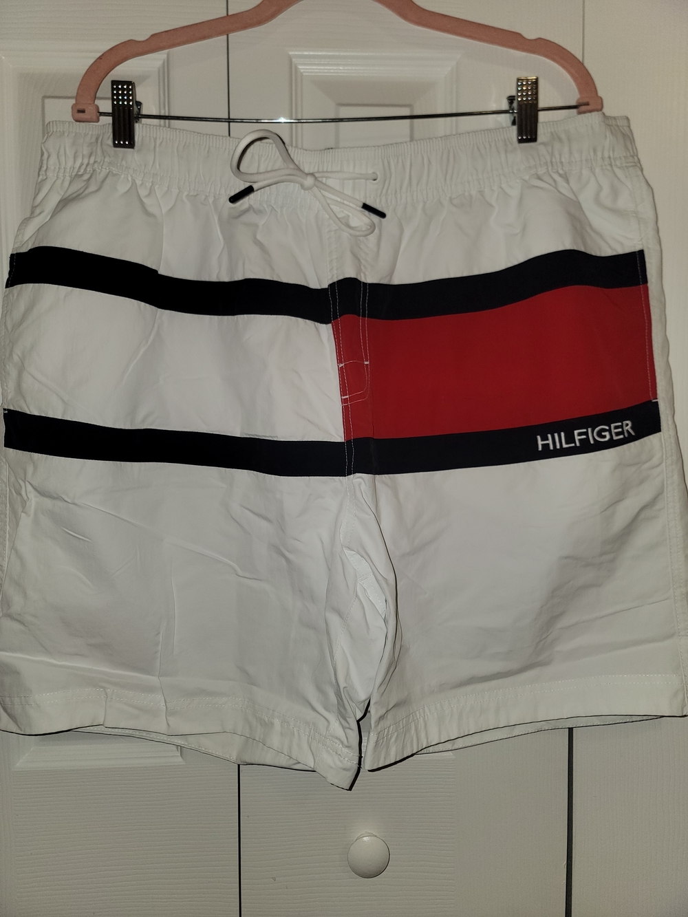 Tommy Hilfiger White Swim Trunks with Red & Navy Stripe